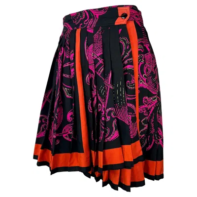Pre-owned Versace 1990s Gianni  Pleated Silk Black Pink Baroque Print Flare Wrap Skirt It38