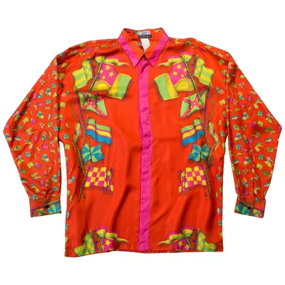 Pre-owned Versace 1990s Gianni  Red Silk Twill Nautical Flag Printed Miami Beach Collectio