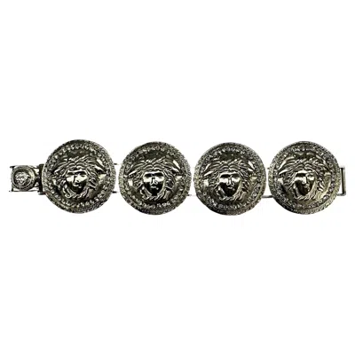 Pre-owned Versace 1990s Gianni  Rhinestone Medusa Medallion Silvertone Bracelet In Multi