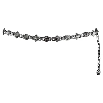 Pre-owned Versace 1990s Gianni  Silver Medusa Medallion Thin Pendant Belt Not Listed In Black