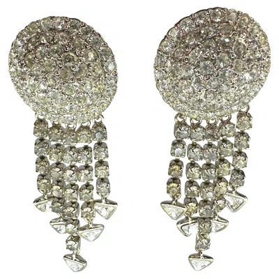 Pre-owned Versace 1990s Gianni  Silver Rhinestone Drop Clip On Earrings In Multi