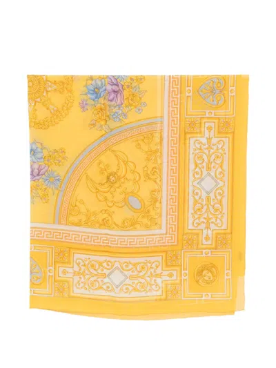 Pre-owned Versace 1990s Greca-print Floral-print Scarf In Yellow