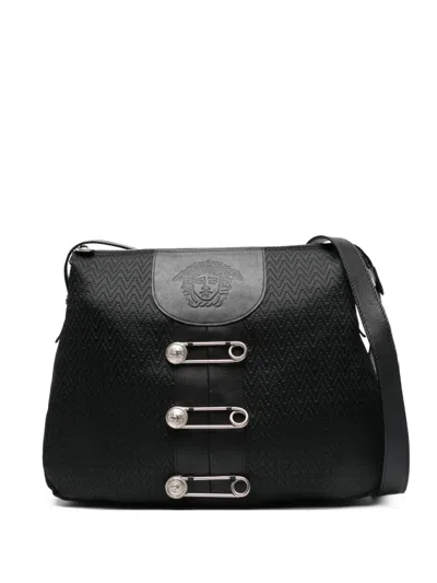 Pre-owned Versace 1990s La Medusa Safety Pin Canvas Shoulder Bag In Black