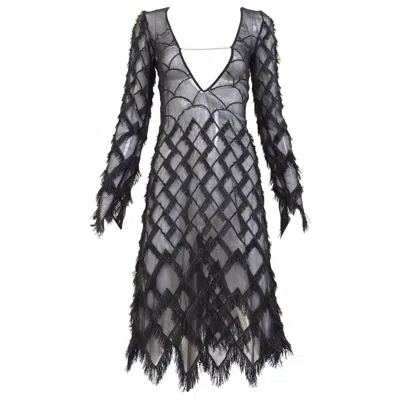 Pre-owned Versace 1990s  Black Silk Sheer Dress With Eyelash Fringe, Women's