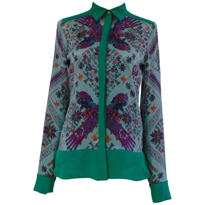 Pre-owned Versace 1990s  Vintage Silk Multicolored Women's Shirt Size 42 Italy In Blue