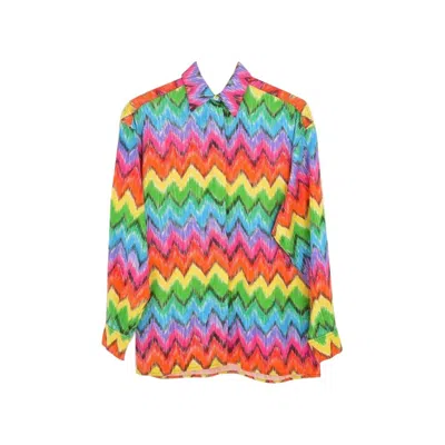 Pre-owned Versace 1990s Versus Vintage Rainbow Zig Zag Print Long Sleeve Cotton Shirt In Brown