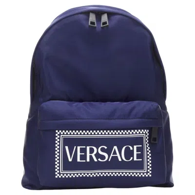 Pre-owned Versace 1990s Vintage Box Logo Blue Nylon Greca Strap Backpack