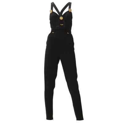 Pre-owned Versace 1992 Gianni  Bondage Black Wool Jumpsuit With Medallions