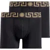 Versace 2-pack Greca Border Stretch Cotton Boxer Briefs In Black Gold Greek Key