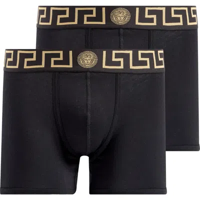 Versace 2-pack Greca Border Stretch Cotton Boxer Briefs In Black Gold Greek Key