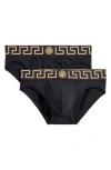 Versace Black Cotton Briefs Set Of Two With Greca Pattern In Black Gold Greek Key