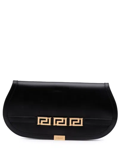 Pre-owned Versace 2000-2025 Leather Greca Goddess Clutch Bag In Black