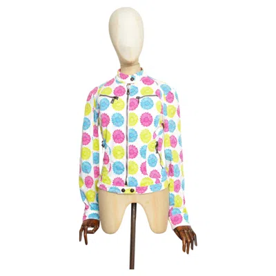 Pre-owned Versace 2000's Donatella  Colourful Denim Daisy Print Denim Biker Jacket In Sand