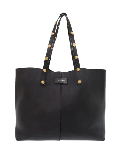 Pre-owned Versace 2000-2025 Studded Leather La Medusa Tote Bag In Black