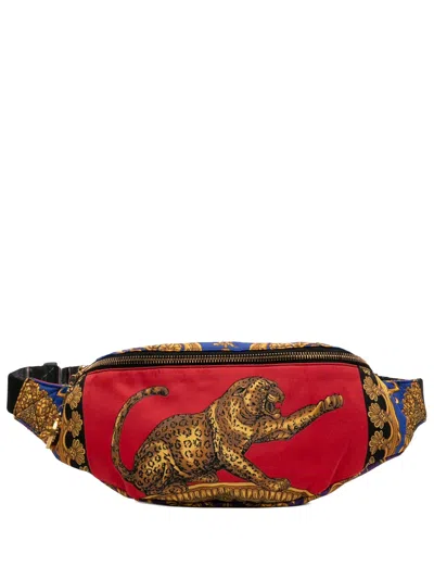 Pre-owned Versace 2000-2026 Leopard Baroque Printed Nylon Belt Bag In Blue