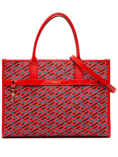 Pre-owned Versace 2000-2026 Multicolor Coated Canvas La Greca Tote Satchel In Red