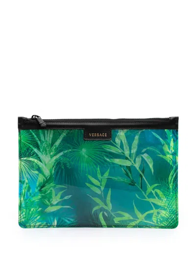 Pre-owned Versace 2000-2026 Pvc Jungle Print Zipped Clutch Bag In Green