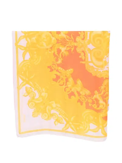 Pre-owned Versace 2000s Baroque-print Silk Scarf In Yellow