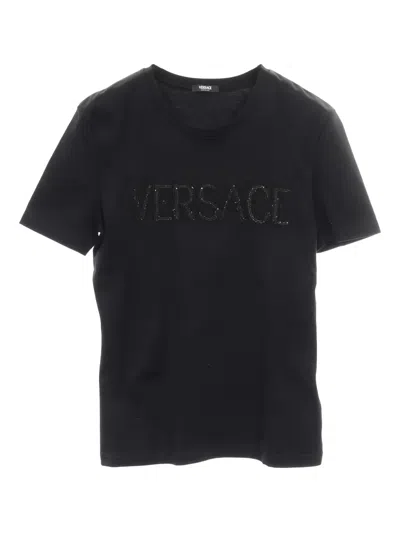 Pre-owned Versace 2000s Beaded-logo Embellished T-shirt In Black