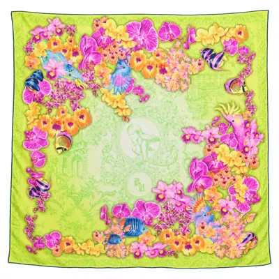 Pre-owned Versace 2000�s Donatella  Tropical Hibiscus & Parrot Lime Green Pink Silk Scarf