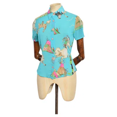 Pre-owned Versace 2000s Donatella  Turquoise Silk Native American Print Fitted Shirt Blouse In Blue