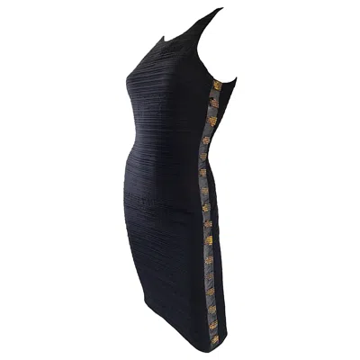 Pre-owned Versace 2000s Gianni  Black Silk Side Cut Out Rhinestone Bodycon Vintage Dress