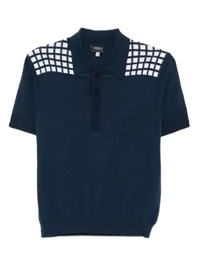 Pre-owned Versace 2000s Grid-shoulder Polo Shirt In Blue