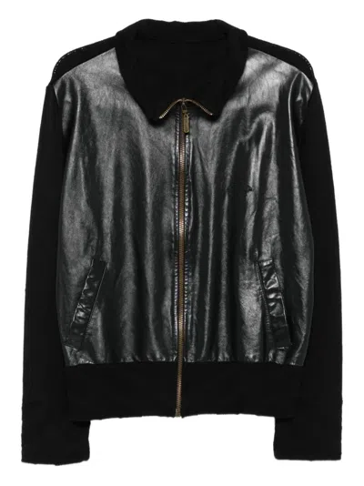 Pre-owned Versace 2000s Leather Knitted Jacket In Black
