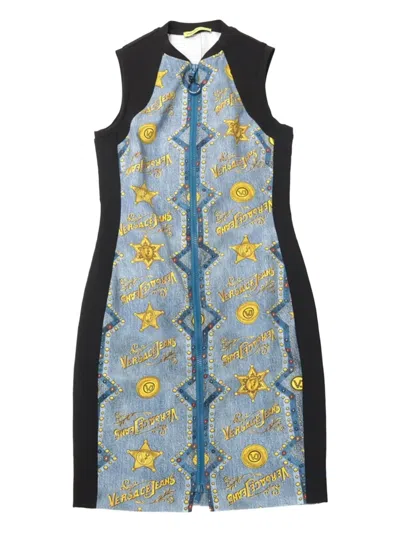 Pre-owned Versace 2000s Printed Mini Dress In Blue
