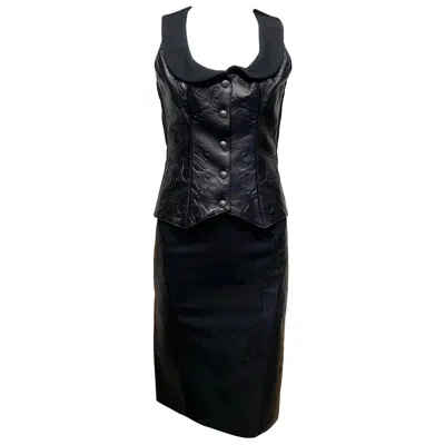 Pre-owned Versace 2000s  Black Leather Vest Top And Skirt Set