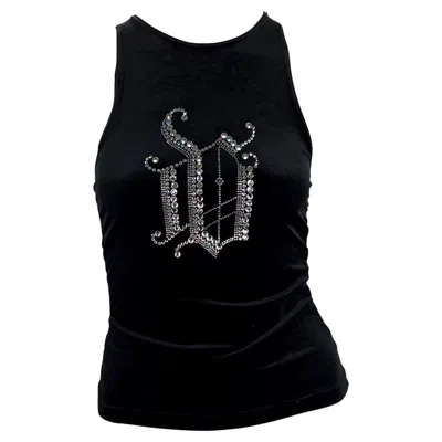 Pre-owned Versace 2000s  By Donatella Rhinestone Monogram Logo Black Velvet Stretch Tank