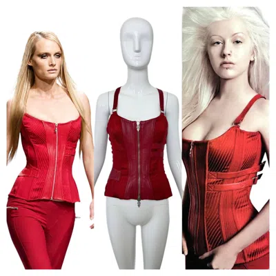 Pre-owned Versace 2003 Vintage Runway Red Leather + Lace Corset W. Ornate Hardware