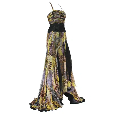 Pre-owned Versace 2005 Silk Snake Print Sheer Lace Medusa Embellished Dress Gown In Black