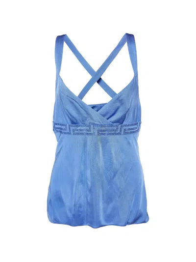 Pre-owned Versace 2008 Crystal Greca Tank Top In Blue