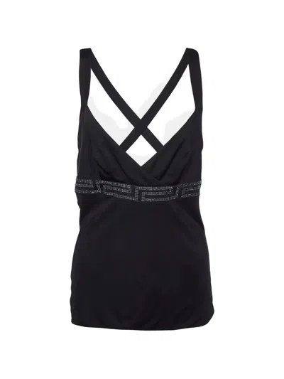 Pre-owned Versace 2008 Greca Crystal-embellished Tank Top In Black
