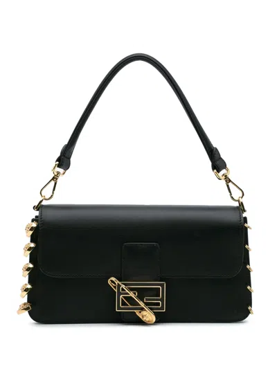 Pre-owned Versace 2010-2024 Fendi Fendace Seta Vitello Calfskin Brooch Baguette Satchel In Black