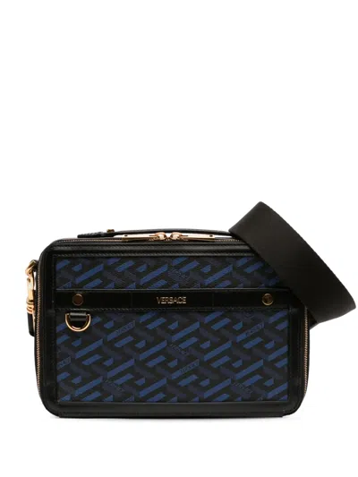 Pre-owned Versace 2010-2025 Coated Canvas La Greca Zip Around Messenger Bag Satchel In Black