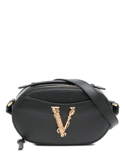 Pre-owned Versace 2010-2025 Grainy Calfskin Virtus V Camera Bag Satchel In Black