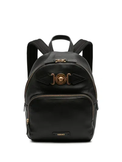 Pre-owned Versace 2010-2025 Leather Medusa Biggie Backpack In Black