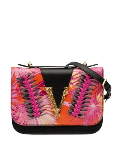 Pre-owned Versace 2010-2025 Calfskin Jungle Weave Virtus Satchel In Black