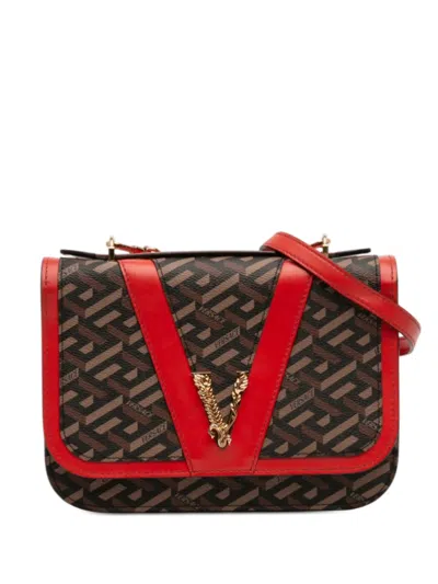 Pre-owned Versace 2010-2025 La Greca Coated Canvas Virtus Satchel In Brown