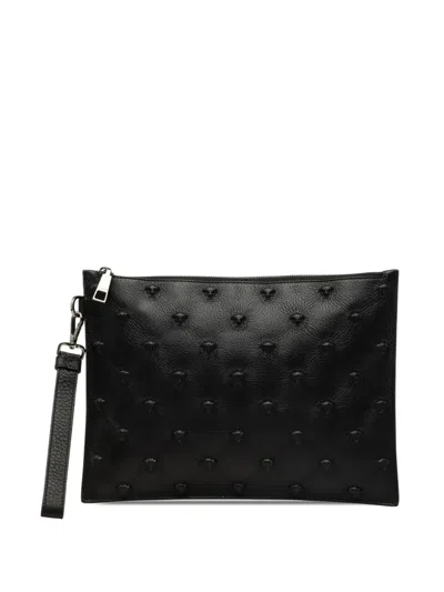 Pre-owned Versace 2010-2026 Embossed Leather Medusa Wristlet Clutch Bag In Black