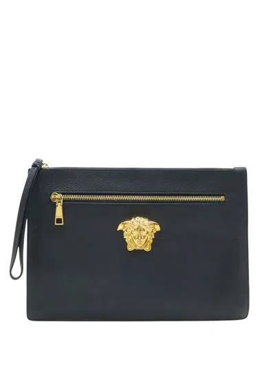 Pre-owned Versace 2010-2026 Large La Medusa Palazzo Leather Clutch Bag In Black