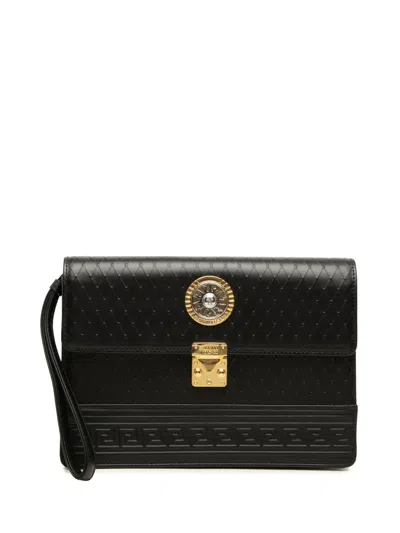 Pre-owned Versace 2010-2026 Leather Medusa Sunburst Clutch Bag In Black