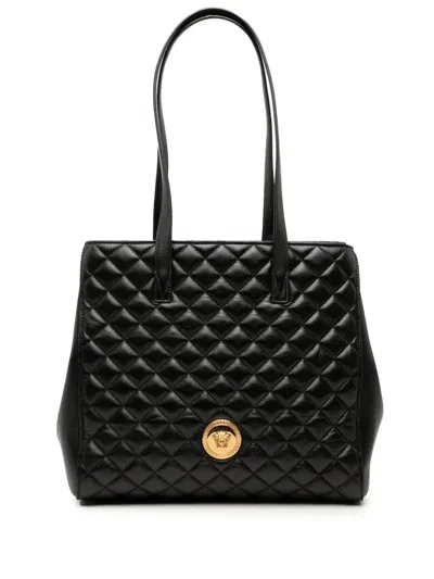 Pre-owned Versace 2010-2026 Medium Quilted Nappa Leather La Medusa Tote Bag In Black
