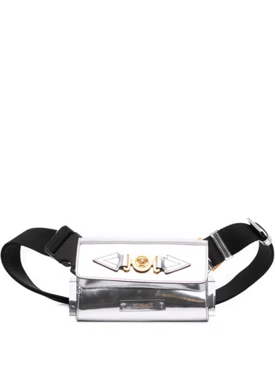 Pre-owned Versace 2010-2026 Metallic Calfskin La Medusa Biggie Belt Bag In Silver