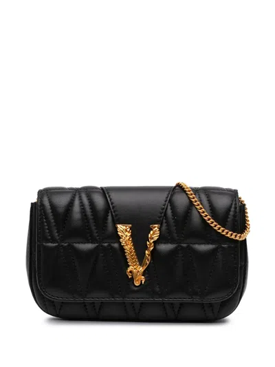 Pre-owned Versace 2010-2026 Mini Quilted Leather Virtus V Crossbody Bag In Black