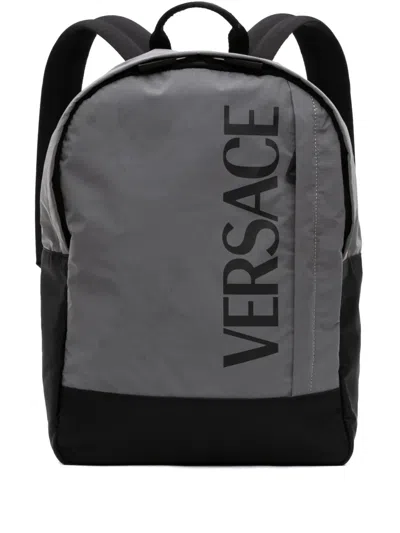 Pre-owned Versace 2010-2026 Nylon Logo Print Backpack In Grey
