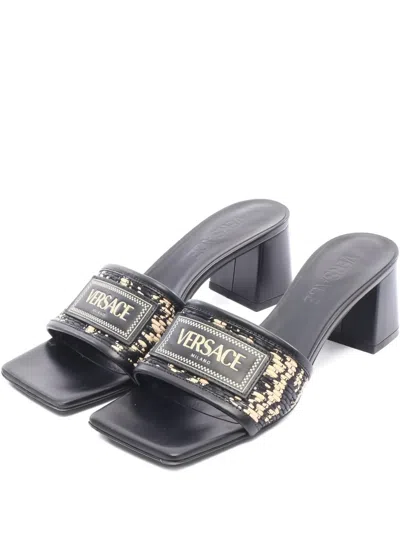 Pre-owned Versace 2010s Logo Fabric Sandals In Black