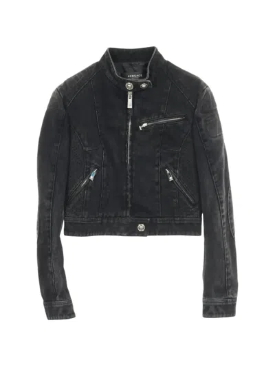 Pre-owned Versace 2010s Medusa-button Zip Denim Jacket In Black